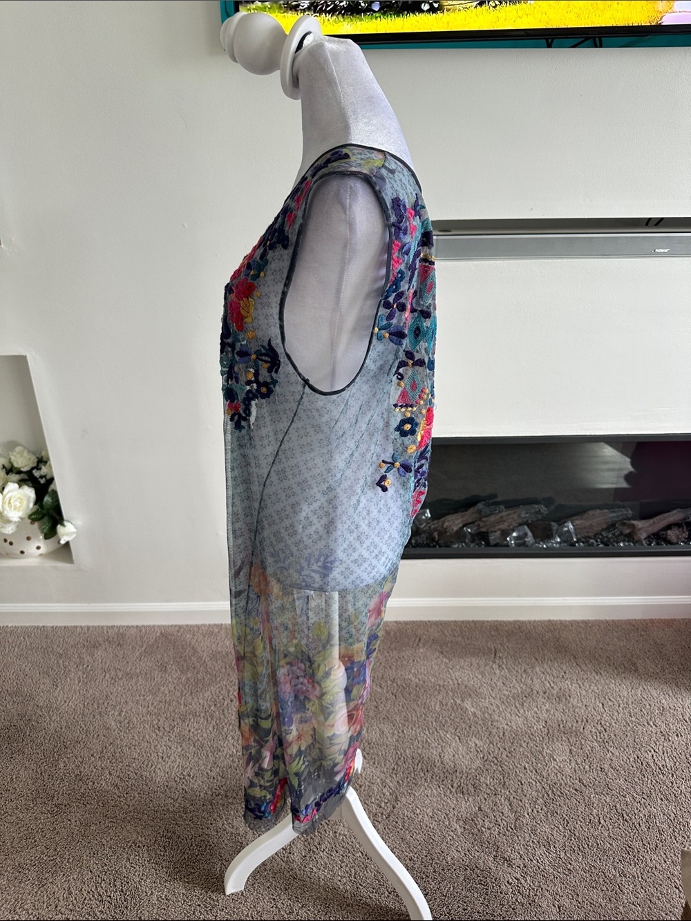 Johnny Was Sheer Floral Embroidered Maxi Dress in Blue, Pink, Green - Picture 3 of 8
